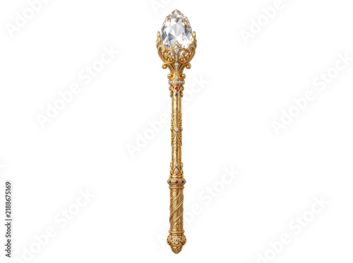 Golden royal scepter with large diamond crystal for fantasy coronation ceremony.