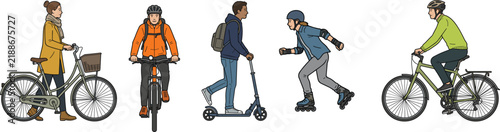 Collection of people commuting with bicycles, kick scooters, and roller skates for urban mobility concepts