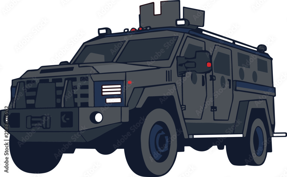 Obraz premium Armored police vehicle vector illustration, tactical tactical transport car concept, heavy riot truck graphic
