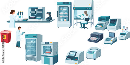 Laboratory Equipment Collection with Scientists, Diagnostic Machines and Medical Research Devices