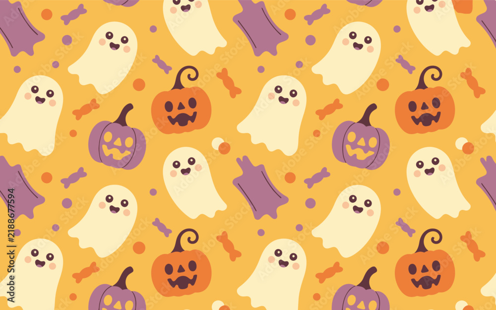 Fototapeta premium Seamless halloween pattern with cute ghosts and pumpkins on orange background