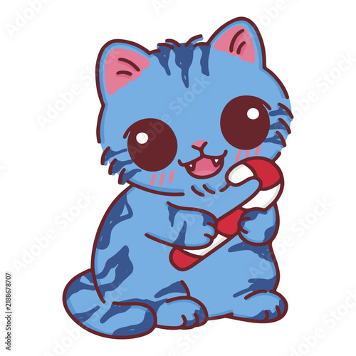 Foto blue tabby cat holding christmas candy cane mascot character