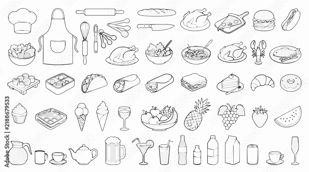 Fototapeta premium A collection of various food and drink outline icons arranged in a grid pattern with monochrome outline illustrations