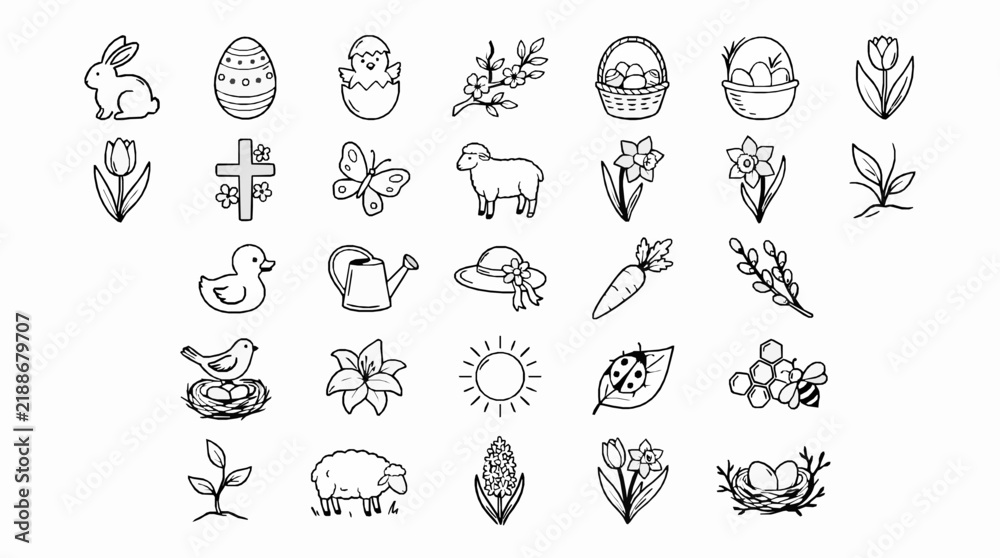 Fototapeta premium Set of various hand drawn spring and easter themed icons on a white background with collection black white line art illustrations