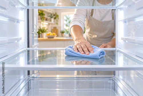 Sparkling Clean Fridge: A person in an apron meticulously cleans a glass shelf inside an empty, modern refrigerator, showcasing household chores and hygiene.