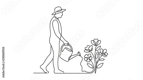 Continuous line drawing of a gardener watering flowers