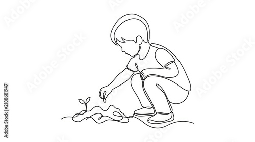 Continuous line drawing of a child planting a seedling