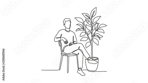 Continuous line drawing of a man sitting on a chair