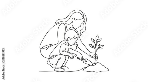 Continuous line drawing of a mother and child planting tree