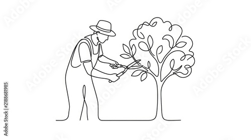 Continuous line drawing of a gardener pruning a tree