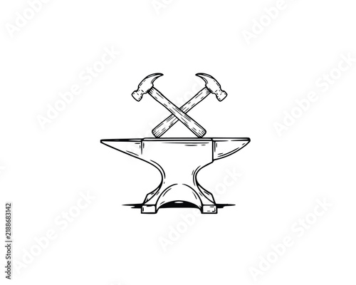 Two crossed hammers on an anvil