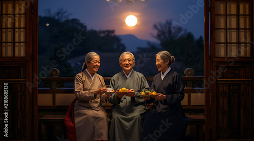Senior Korean family wearing hanbok smiling together under full moon during Chuseok