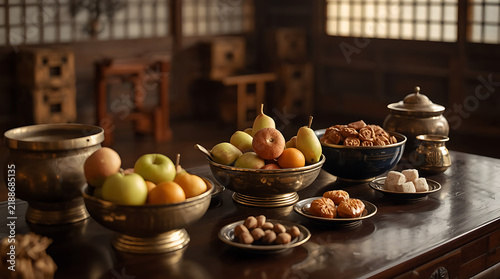 Korean Chuseok fruit arrangement with pears, apples, and traditional treats on table