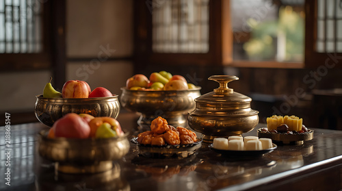 Korean Chuseok festive table setup with brass bowls, fruits, and traditional delicacies