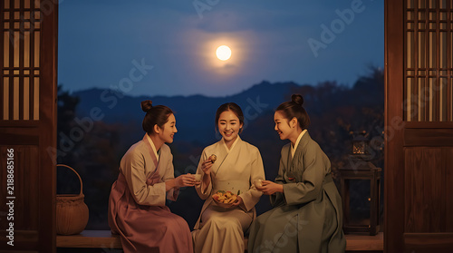 Korean women wearing traditional hanbok smiling under full moon during Chuseok