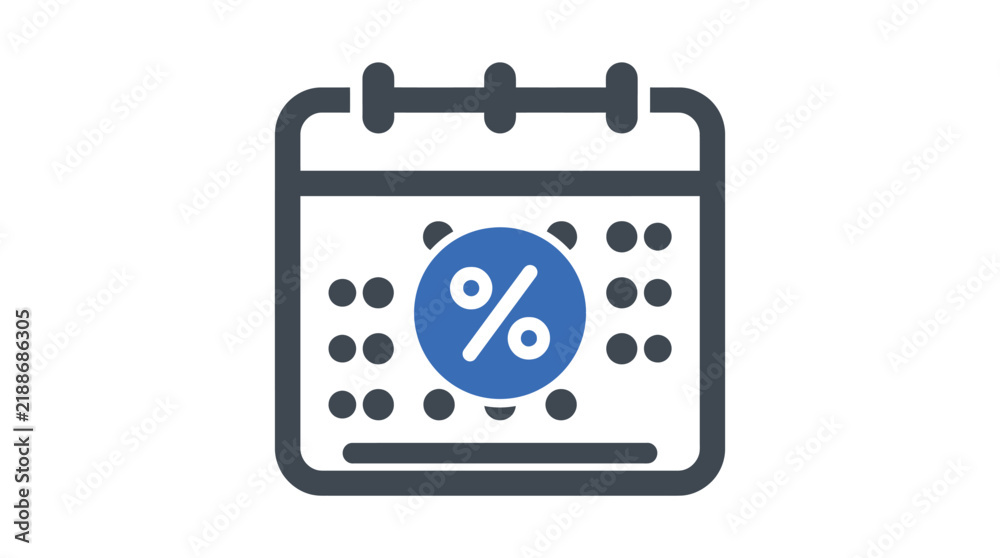 Fototapeta premium Calendar icon featuring a blue percentage sign to represent special discount dates for marketing campaigns and seasonal business retail sales events
