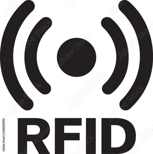 Black and white icon of the rfid acronym with radio signal waves above it, representing wireless identification, tracking technology, security, or contactless payment also transparent background