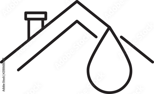 Simple black and white line icon of a house roof with a chimney and a large water drop falling from the eaves, representing roof leak, water damage, or home maintenance also transparent background