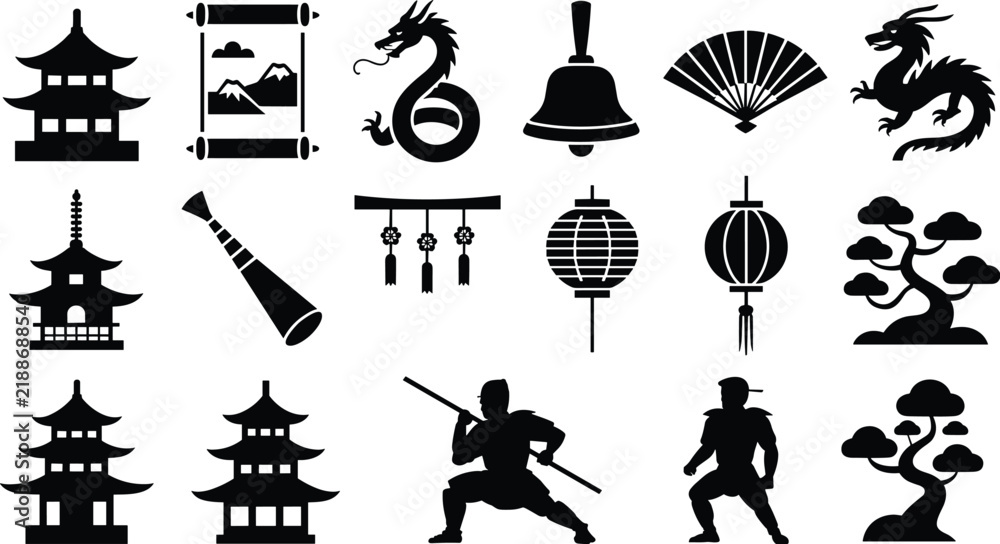 Naklejka premium Asian Culture Vector Black Silhouette Collection Featuring Pagoda Dragon Lantern Bonsai Tree Fan and Martial Arts Elements