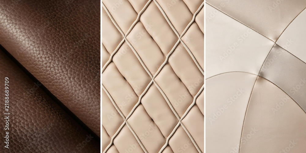 Fototapeta premium Leather textures triptych featuring brown grain, beige quilted pattern, and smooth curved