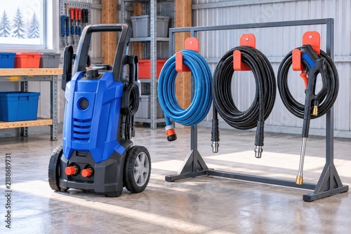 Electric pressure washer in blue color with attached hose and accessories displayed on a metal rack inside a well-lit garage with organized tools and storage