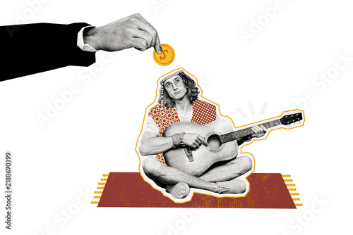 Принти на полотні Composite photo collage of emotionless man acoustic guitar performance hand thro