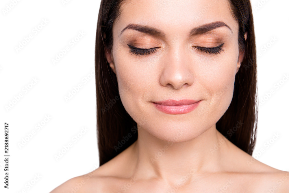 Obraz premium Close up portrait of cute calm charming woman with close eyes having flawless soft smooth perfect skin maqulliage, moisturizing hydration enhancement concept isolated on grey background