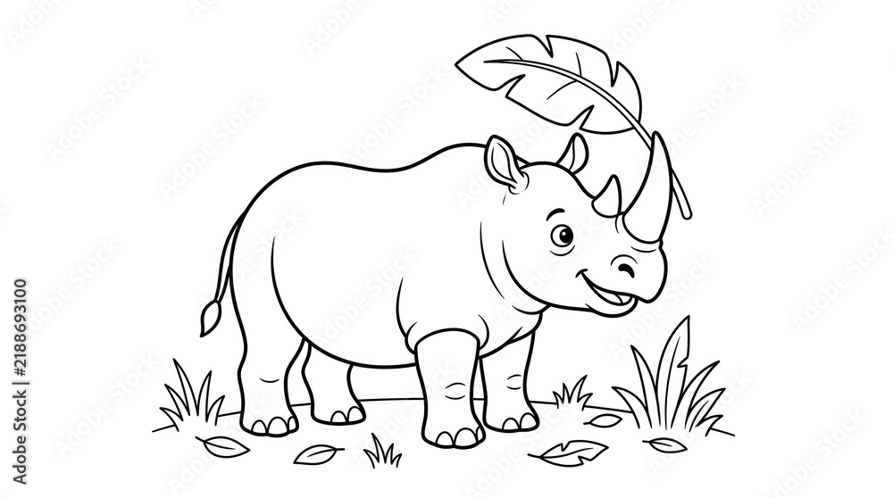 Obraz premium Cute cartoon rhinoceros with leaf on back