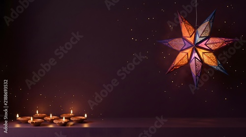 Traditional diwali festival background featuring glowing oil lamps and a decorative star lantern hanging in the dark night
