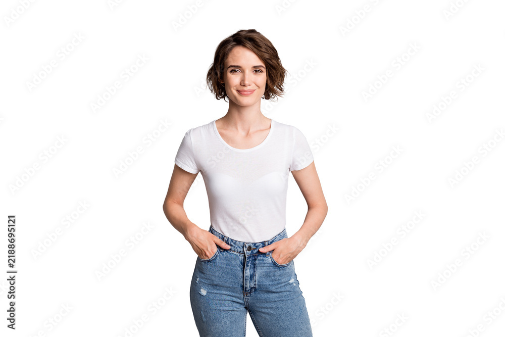 Fototapeta premium Photo of young attractive cheerful girl wear casual outfit hands in pocket confident smile isolated over grey color background