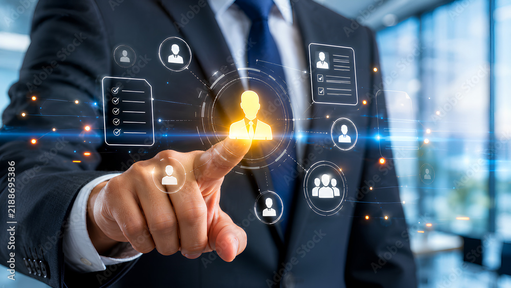 Obraz premium Professional businessman touching and selecting illuminated human network icons on virtual interface symbolizing digital connections, leadership, partnership and global business collaboration