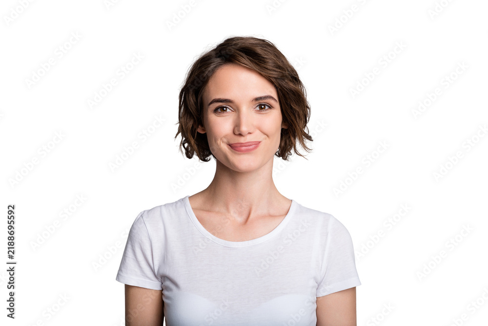Fototapeta premium Portrait of young smiling charming cute girl woman female look in camera wear white t-shirt isolated on grey color background