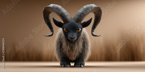 Krampus, a horned christmas creature, sitting on a textured surface, looking forward, with copy space for seasonal marketing and holiday design concepts