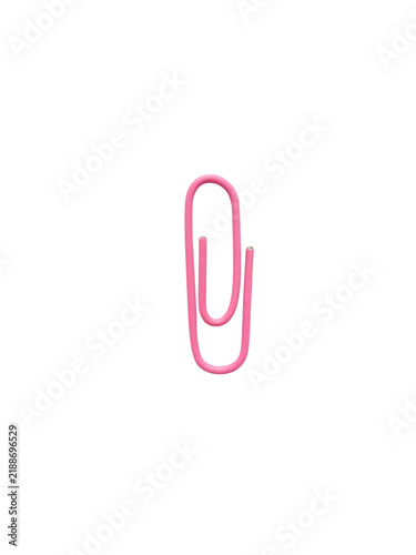 Single pink paper clip isolated on white background