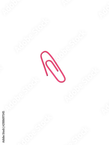 Single pink metal paperclip isolated on white background
