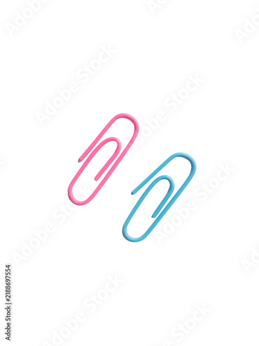 Pink and blue paperclips isolated on white background