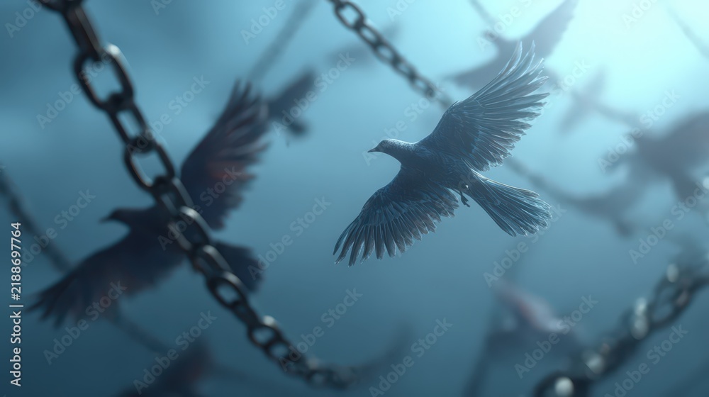 Obraz premium Flock of Birds Soaring Through Chains: Symbolic Freedom, Hope, and Overcoming Obstacles in a Dramatic Artistic Composition.
