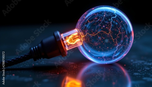 A single light bulb, glowing against a dark backdrop. The bulb is connected to a wire, emitting a soft, focused light