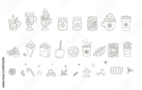 Christmas market street food festival icons set elements outline doodle collection