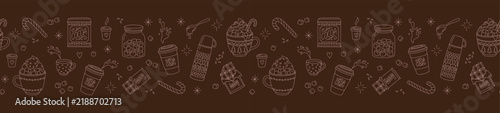 Hot cocoa and marshmallow horizontal seamless pattern panoramic banner line art