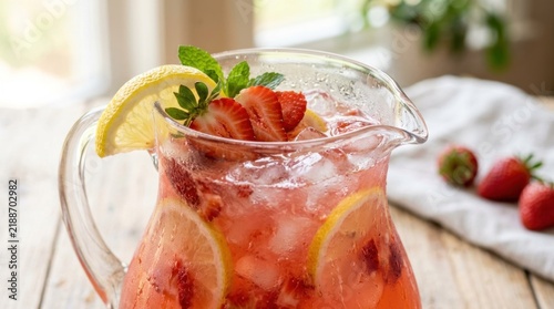 Refreshing strawberry lemonade in a pitcher with ice and lemon slices, garnished with mint