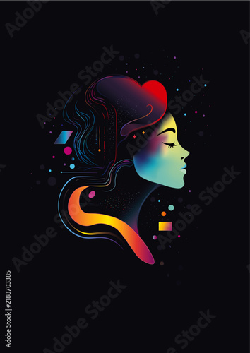 Abstract neon glowing portrait of a beautiful woman, vibrant colors on black background, futuristic poster design.