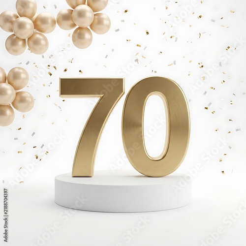 Golden 70 number on white podium isolated on white background