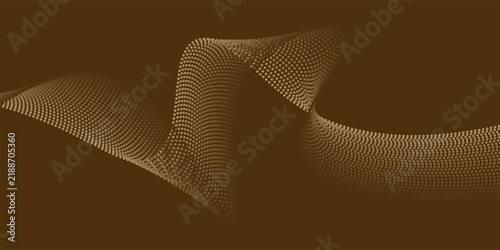 Abstract glowing golden wavy lines on dark brown background. Digital technology vector illustration with particle striped wave lines