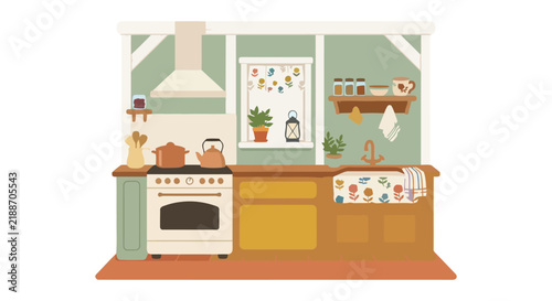 Fotografie A cozy kitchen interior features a stove sink and window with floral curtains ve
