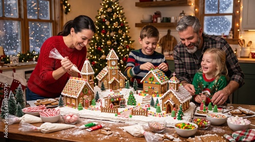 Family happily decorating gingerbread village for Christmas celebration Vector Illustration
