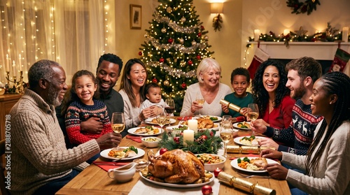 Multi-generational family enjoying a festive Christmas dinner together around a decorated table Vector Illustration