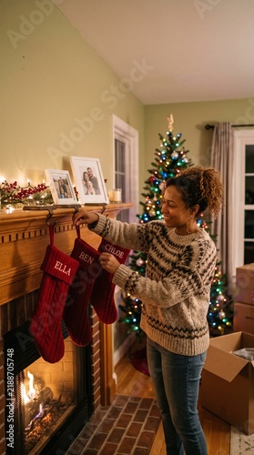 Woman hanging Christmas stockings by fireplace with decorated tree in background Vector Illustration