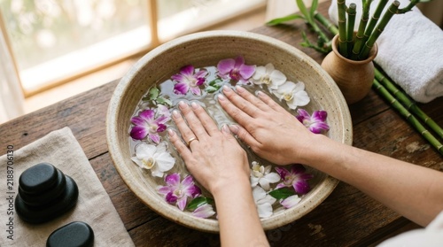 Woman's hands soaking in a bowl of water with orchids and floating flowers.