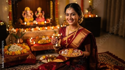 Indian woman in traditional sari celebrating Dhanteras festival, holding brass oil lamp and puja thali with gold coins, silver bullion, during Diwali prayer ceremony at home altar.